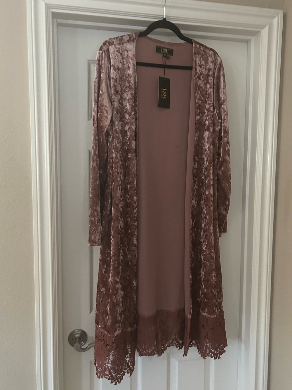 Lace-Trim Velvet Duster  in Dusty Rose, by L&B, NWT, Sz Medium, Boho